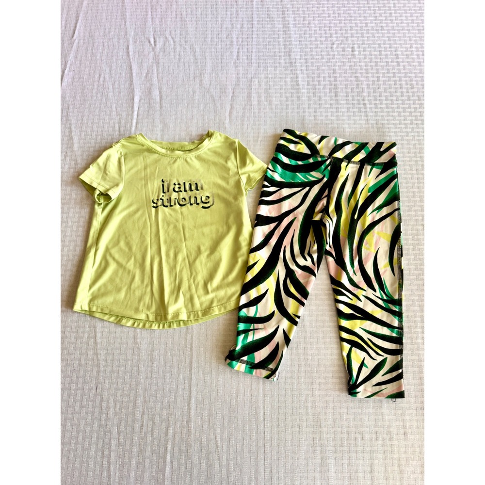 Ideology Girls 4T Activewear Set Lime Green I Am Strong Tee Tropical Leggings
